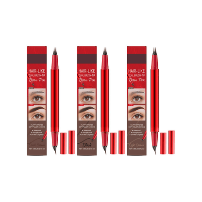 Eyebrow Pen with Dual Brush Tip & Curved Tip - Black+Dark Brown+Light Brown
