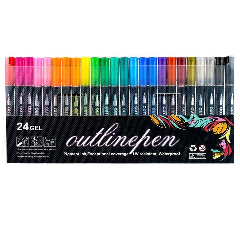 Dreamy Sparkle Dual-Line Contour Pen - 24 Colors, 1 Set