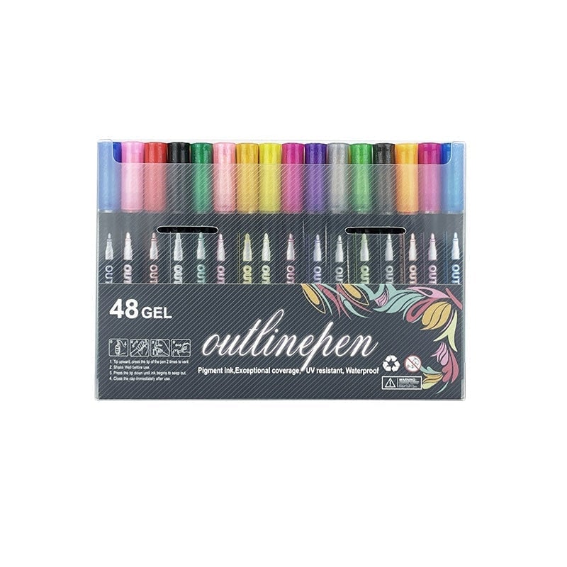 Dreamy Sparkle Dual-Line Contour Pen - 48 Colors, 1 Set