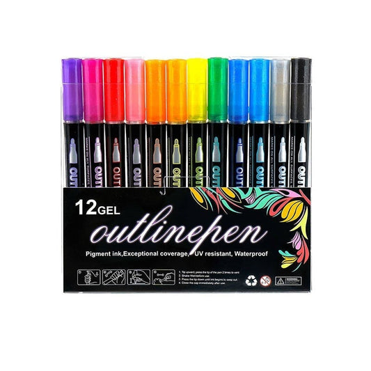 Dreamy Sparkle Dual-Line Contour Pen - 12 Colors, 1 Set